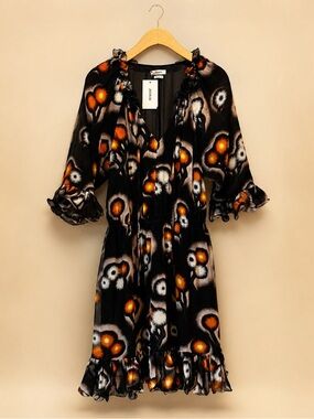 JASON WU Floral Silk Blend Ruffle Mini Dress Sheer Sleeve Designer Size 8